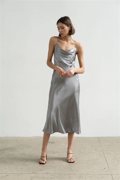 Cowl Neck Silk Slip Dress Midi In Gray Bias Cut Silk Dress Etsy