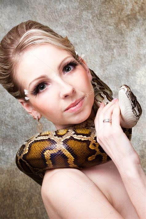 Attractive Nude Blond Woman With Python On Grey Stock Photo Tanitue 10317867