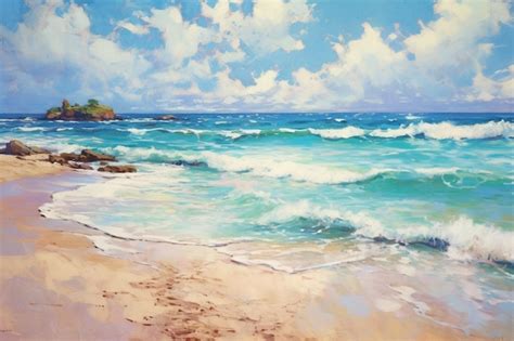 Premium AI Image | A painting of a beach with waves crashing on the shore