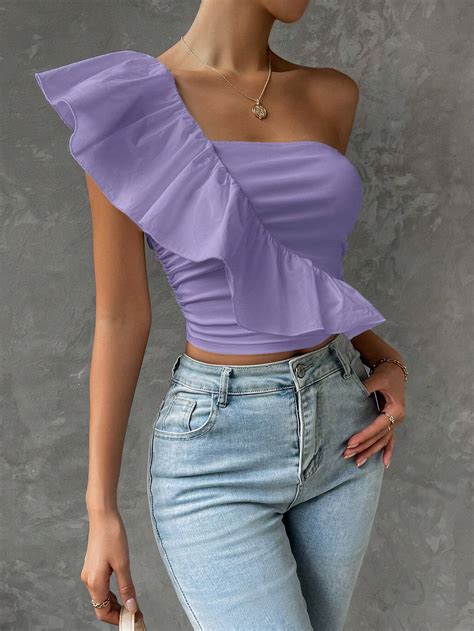 Shein Priv One Shoulder Ruffle Trim Crop Top Shein Usa