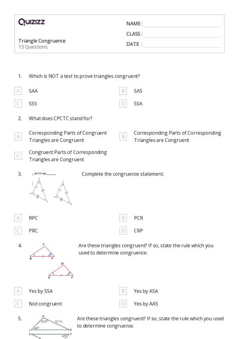 50+ congruent triangles sss sas and asa worksheets on Quizizz ...