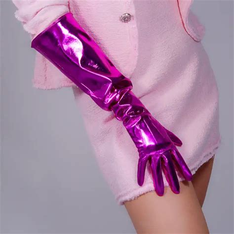 70cm Extra Long Patent Leather Gloves Emulation Leather Pu Female Bright Leather Dark Blue Royal