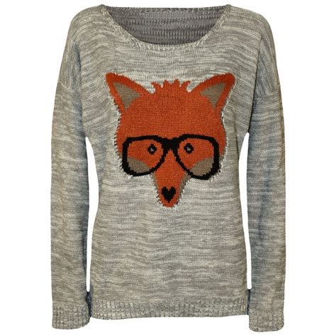 New Womens Fox With Glasses Print Knitted Jumper Ladies Long Sleeve