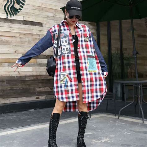 Hong Kong Style Street Fashion Women S Autumn New Fat Mm Large Size Denim Stitching Lattice Long