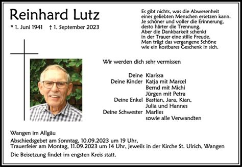 Traueranzeigen Von Reinhard Lutz Schwaebische De Trauerportal