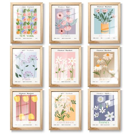 Flower Market Poster Set Of 9 Wall Art Floral Drawing Print Botanical