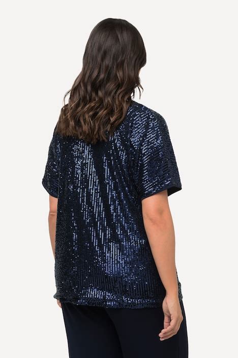 Sequined Short Sleeve V Neck Tee Navy Blue Ulla Popken