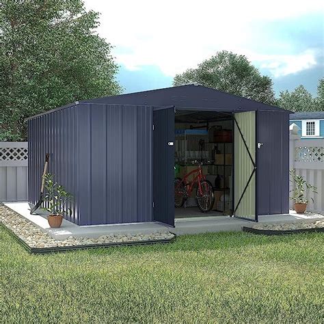 An Outdoor Storage Shed With The Doors Open And Two Bikes Parked In