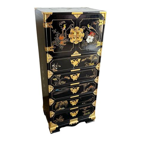 Chinese Black Lacquered Hand Painted Lingerie Chest With Gold Accents Chairish