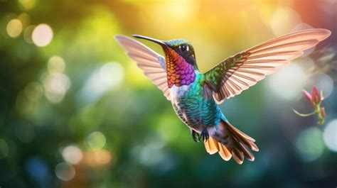 Premium AI Image | A vibrant hummingbird hovering in midair its iridescent feathers glinting in ...