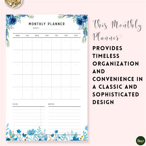 Blue Floral Monthly Planner Printable in Multiple Sizes – mrsneat