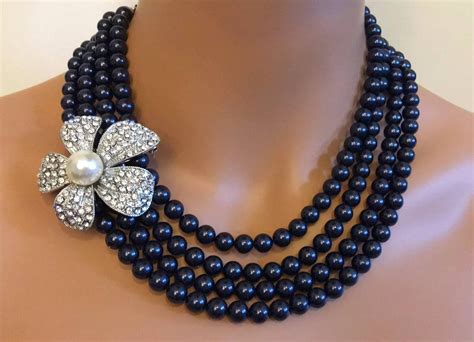 Navy Blue Pearl Necklace With Brooch And Earrings Set 4 Etsy