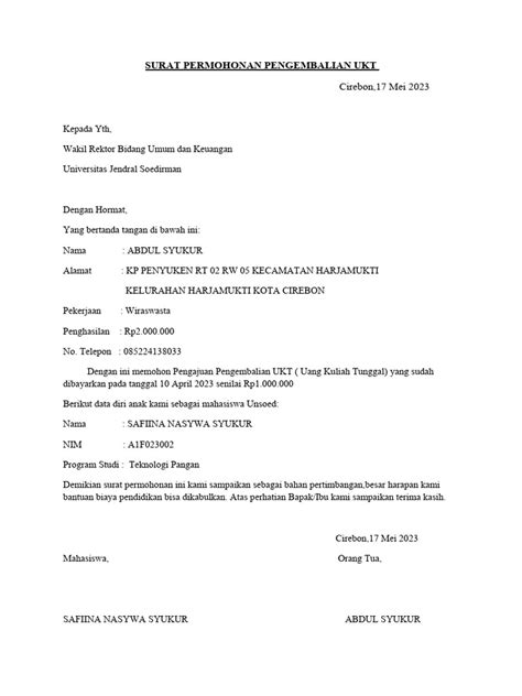 surat permohonan pengembalian ukt