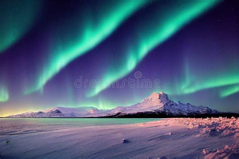 Aurora Borealis Over Snowy Mountains in Winter, Iceland. Stock ...