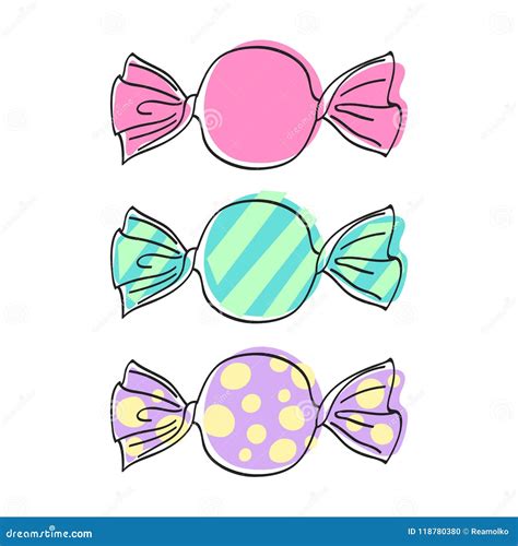 Wrapped Candies Set Sketch Style Illustration Stock Vector