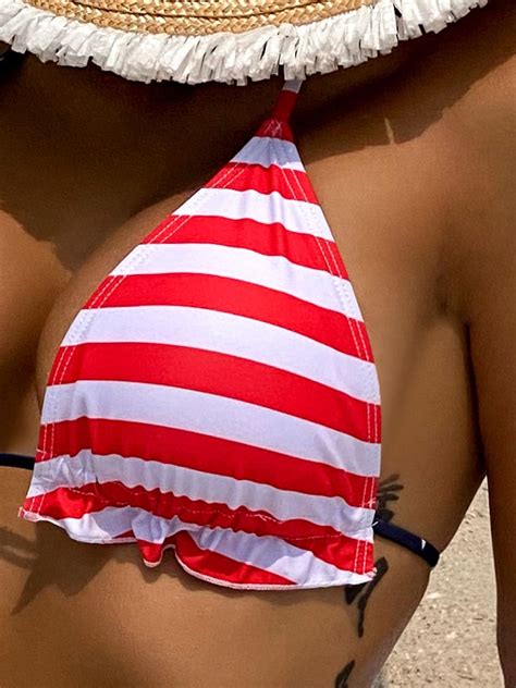 Snapklik Swimlance Women Triangle American Flag Fourth Of July Bikini Set Ruffle Sexy