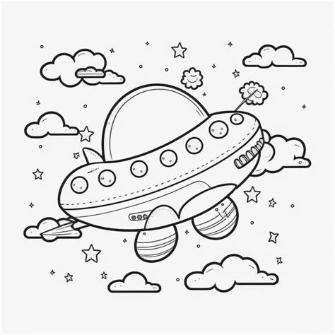 Un Dibujo En Blanco Y Negro De Una Nave Espacial Volando Por El Cielo