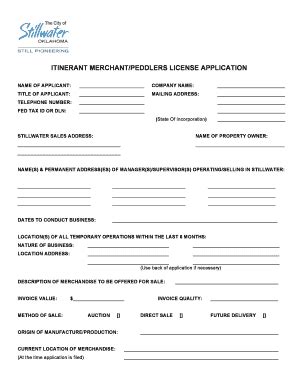 Fillable Online Itinerant Merchant Peddlers License Application