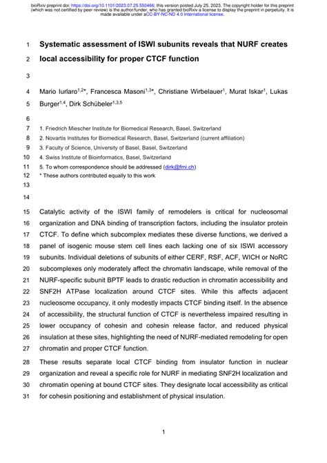 Pdf Systematic Assessment Of Iswi Subunits Reveals That Nurf Creates