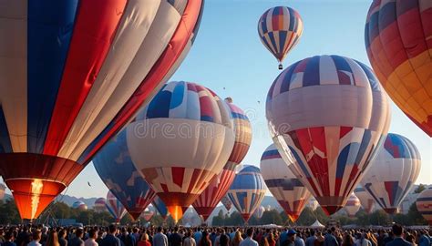 Watching Hot Air Balloons Inflating At Outdoor Festival With Large Crowd Stock Illustration