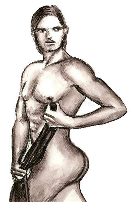 Nude Male Holding A T Shirt Illustration In Sepia Brown Stock Illustration Illustration Of