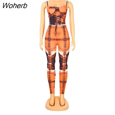 Woherb Women Set Print Strap Bandage Crop Tops Pencil Pants Two 2 Piece Sets Sexy Fashion