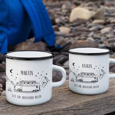 2er Pack Emaille Tasse Camper Schwarz Personalisierbar Beidseitig