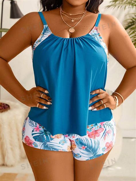 Shein Swim Curve Summer Beach Plus Size Women S Tropical Plant Printed Sleeveless Bikini Set