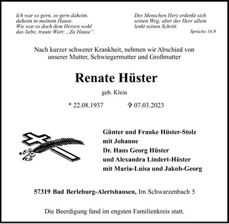 Traueranzeigen von Renate Hüster Trauer in NRW de