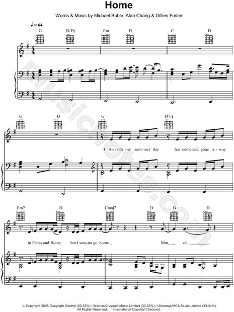 Michael Bublé Home Sheet Music In G Major Transposable Download