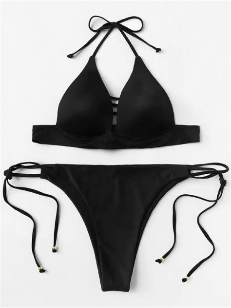 Self Tie Halterneck Strappy Bikini Set Shein Sheinside Bikinis Tie