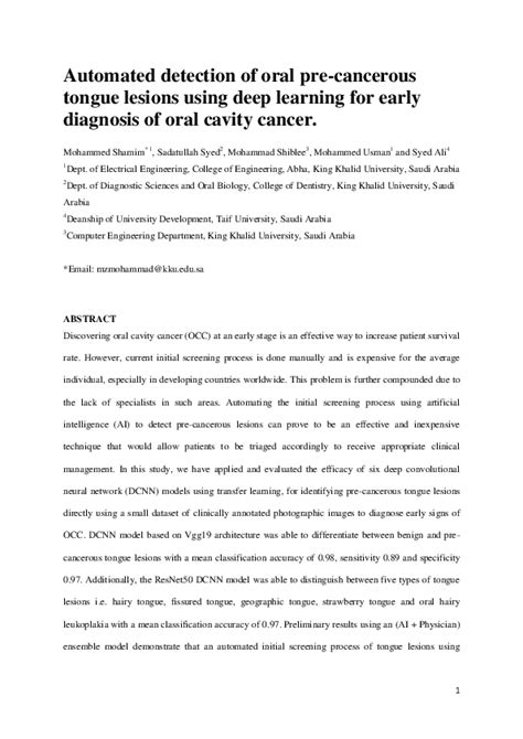 Pdf Automated Detection Of Oral Pre Cancerous Tongue Lesions Using Deep Learning For Early