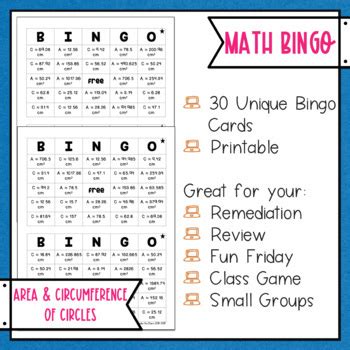 Area Circumference Of Circles Bingo Math Game Th Grade Math Review