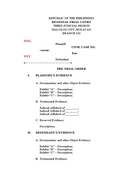 Pre Trial Order Pdf Evidence Trials