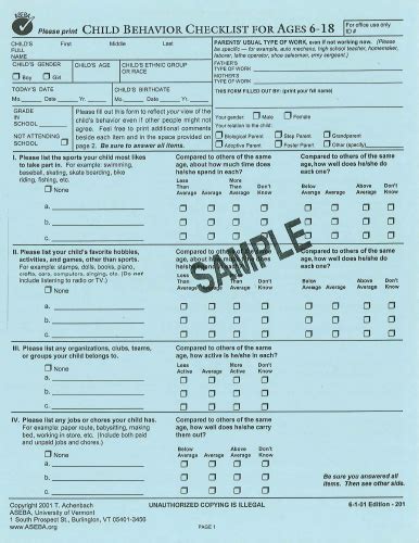 Child Behavior Checklist6 18 50 Per Package