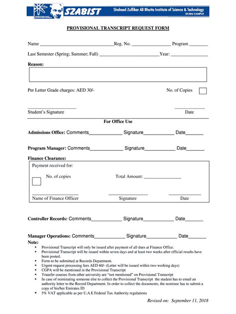 Fillable Online PROVISIONAL TRANSCRIPT REQUEST FORM Szabist Ac Ae Fax