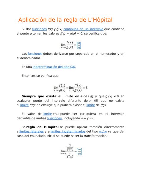 Aplicación de la regla de L Aplicación de la regla de LHôpital Si