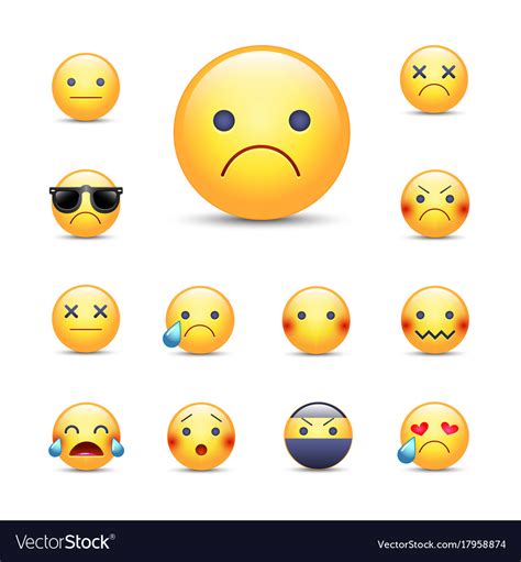 Sad sorry cartoon emoji face set unhappy crying Vector Image