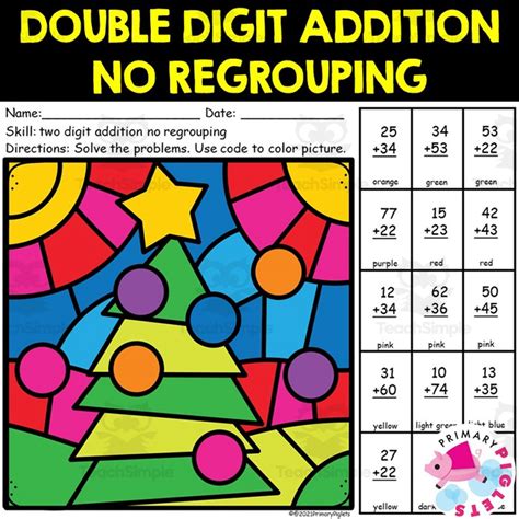 CHRISTMAS 2 DIGIT ADDITION WITHOUT REGROUPING COLOR BY NUMBER CODE TREE