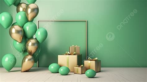 An Image Of Green Balloons And Gold Presents On A Green Green Wall ...