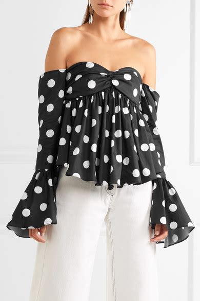 Caroline Constas Off The Shoulder Polka Dot Cotton Blend Poplin Top