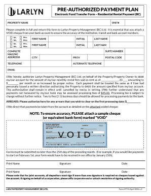 Fillable Online PREAUTHORIZED PAYMENT PLAN Electronic Fund Transfer