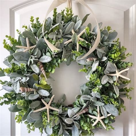 Nautical Wreath For Front Door Starfish And Seashell Wreath Etsy