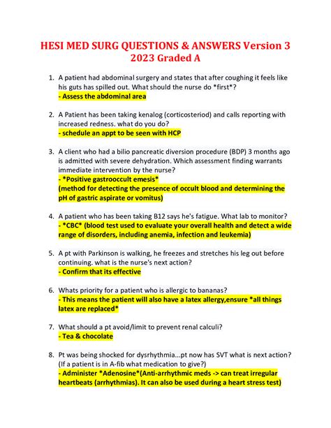 Hesi Med Surg Questions And Answers Version 3 2023 Graded A Browsegrades