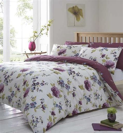 Plum And Cream King Size Floral Duvet Cover Reversible Country Bed