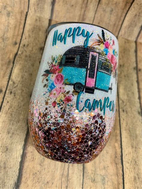 Happy Camper Glittered Wine Tumbler Glitter Wine Tumbler For Etsy In