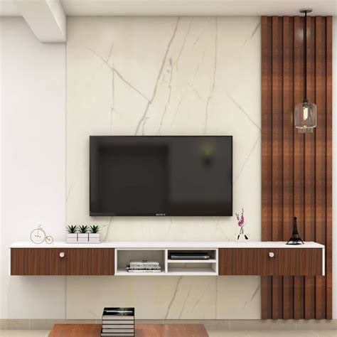 Spacious TV Unit Design With Fluted Wooden Panel Livspace