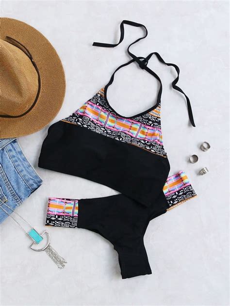 Printed Tie Halter Neck Bikini Set Shein Sheinside