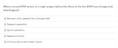 Solved When a second EPSP arrives at a single synapse before | Chegg.com