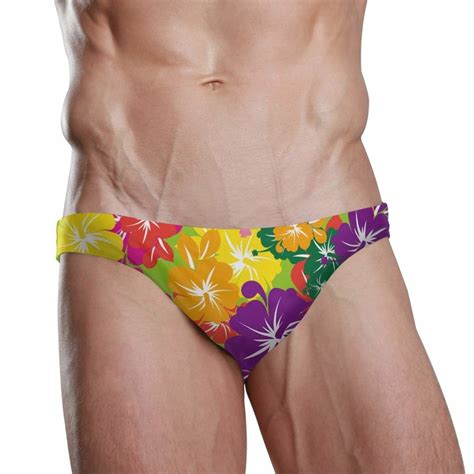 Dallonan Men Swim Brief Bikini Hawaii Flowers Colorful Tropical Floral